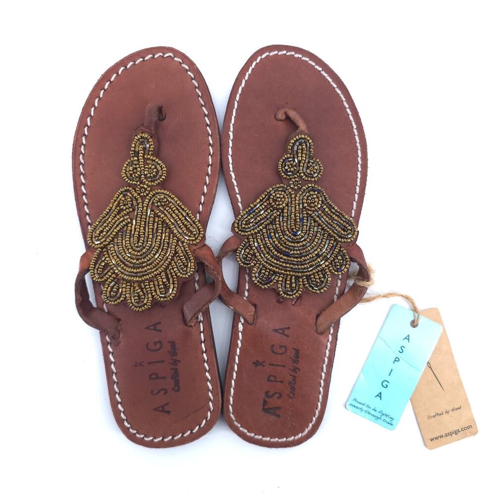 Aspiga Brown Boho Luxe Handmade Glass beaded Hand Emblem Leather Sandal 36&37